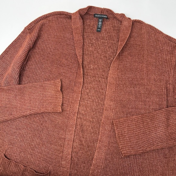 Eileen Fisher Sweaters - Eileen Fisher Organic Linen Ribbed Open Cardigan Rust Orange XS Pockets